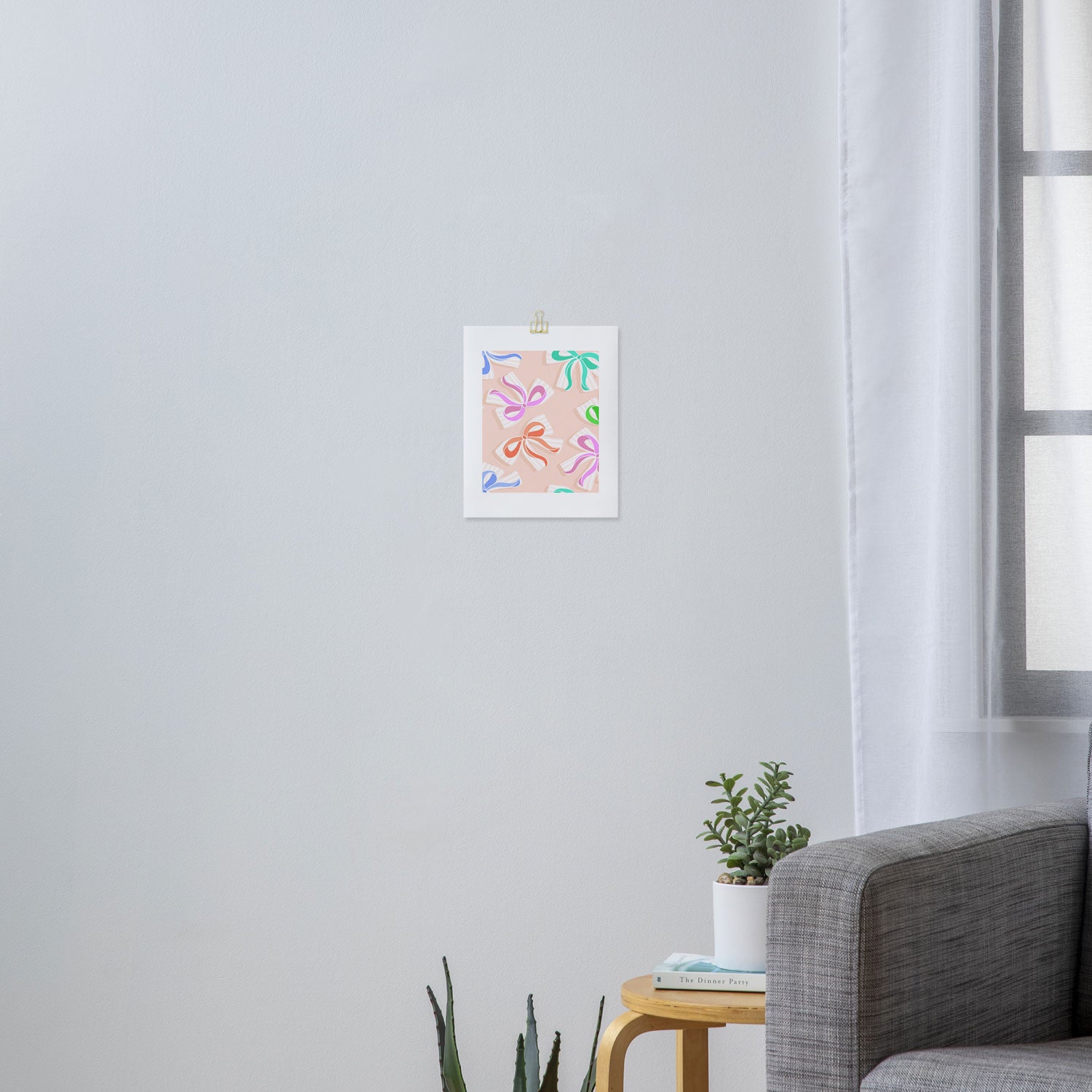 Ditsy Kitsch Ribbons and bows 1. Pastel Rainbow colours on Peach Art Print Gallery Image 3