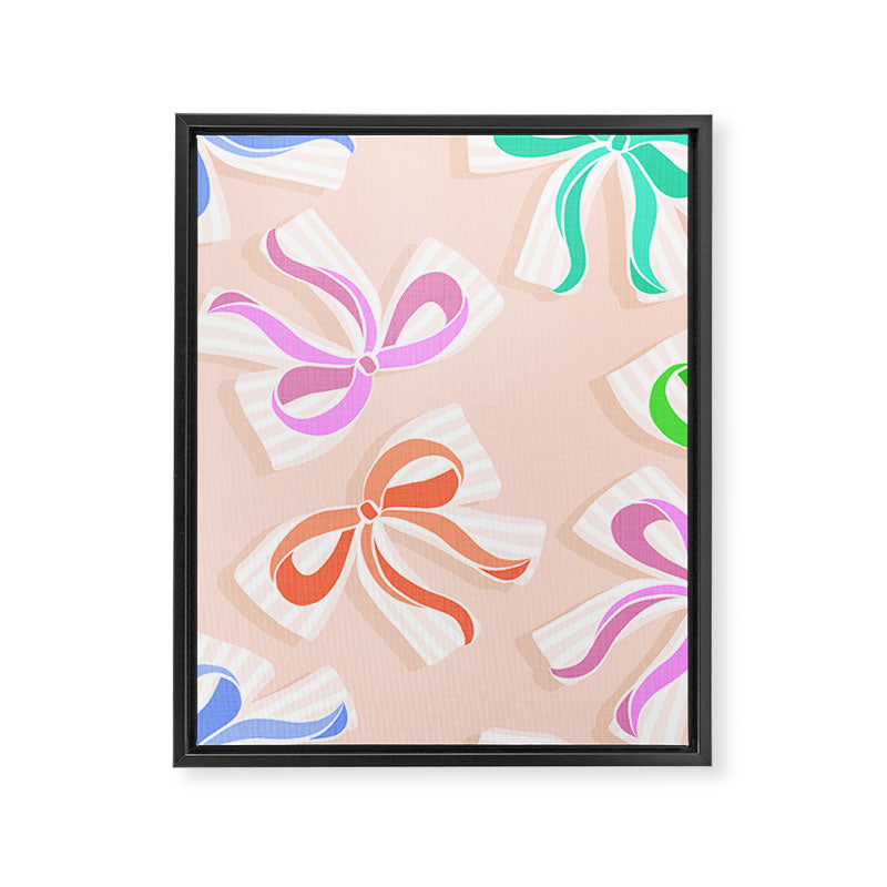 Ditsy Kitsch Ribbons and bows 1. Pastel Rainbow colours on Peach Framed Canvas Print Gallery Image 8