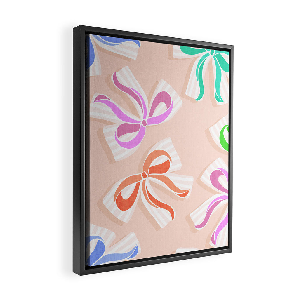 Ditsy Kitsch Ribbons and bows 1. Pastel Rainbow colours on Peach Framed Canvas Print Gallery Image 2