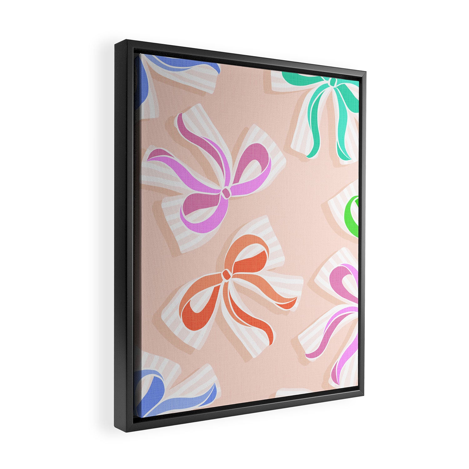 Ditsy Kitsch Ribbons and bows 1. Pastel Rainbow colours on Peach Framed Canvas Print Gallery Image 2