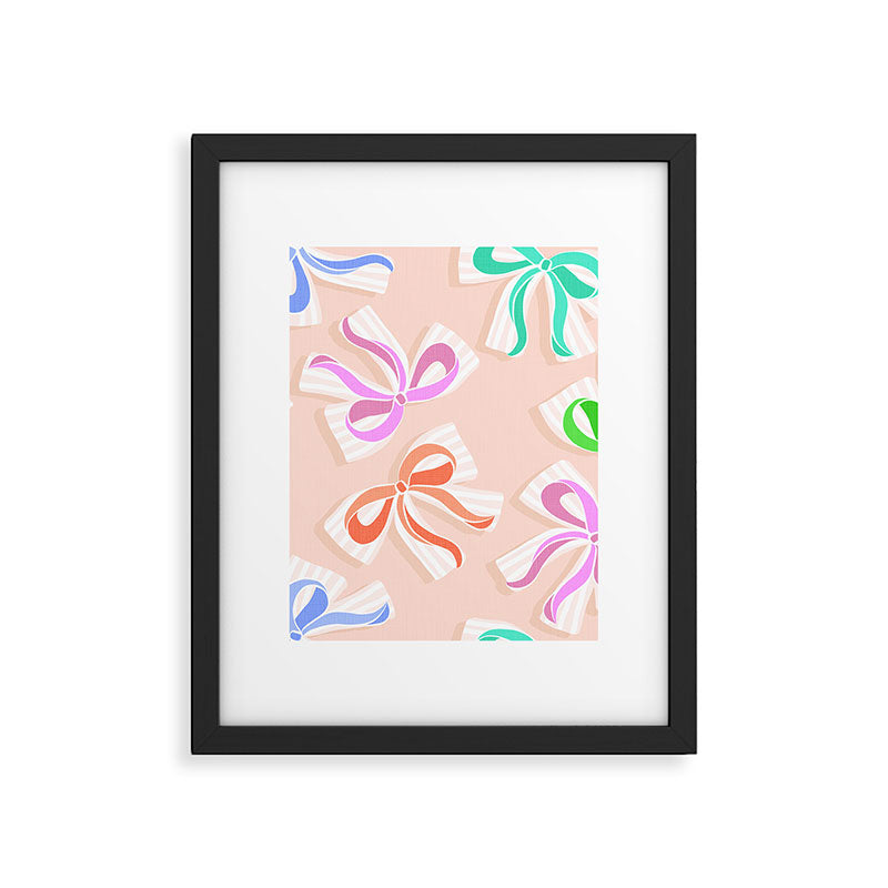 Ditsy Kitsch Ribbons and bows 1. Pastel Rainbow colours on Peach Framed Art Print Gallery Image 4