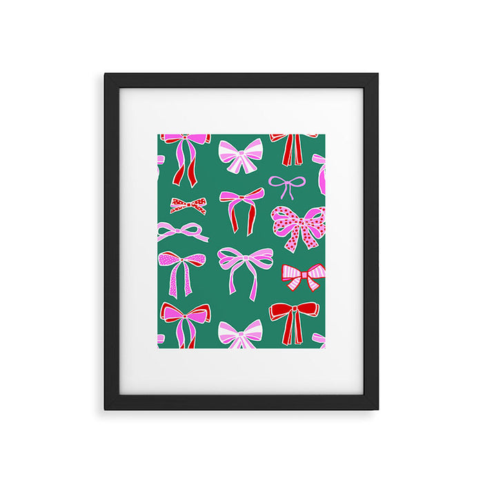 Festive Pink and Red Christmas Ribbons and Bows hand drawn Collection on Green Framed Art Print Gallery Image 1