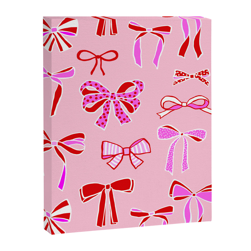Festive Pink and Red Christmas Ribbons and Bows hand drawn Collection on Pastel Pink Canvas Print Gallery Image 8