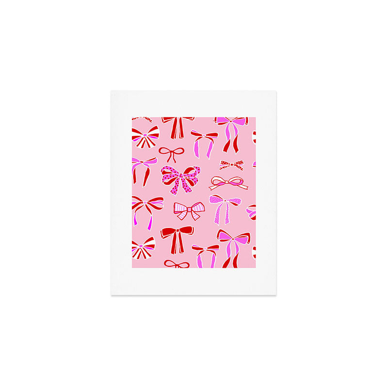 Festive Pink and Red Christmas Ribbons and Bows hand drawn Collection on Pastel Pink Art Print Gallery Image 1