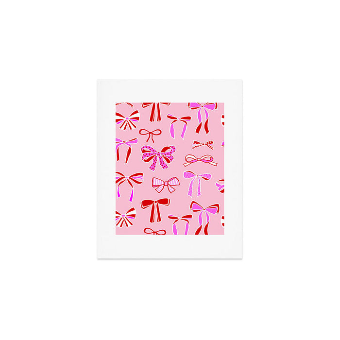 Festive Pink and Red Christmas Ribbons and Bows hand drawn Collection on Pastel Pink Art Print Gallery Image 1