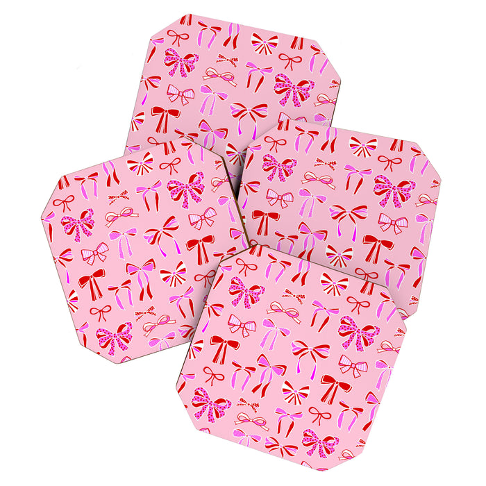 Festive Pink and Red Christmas Ribbons and Bows hand drawn Collection on Pastel Pink Coaster Gallery Image 1