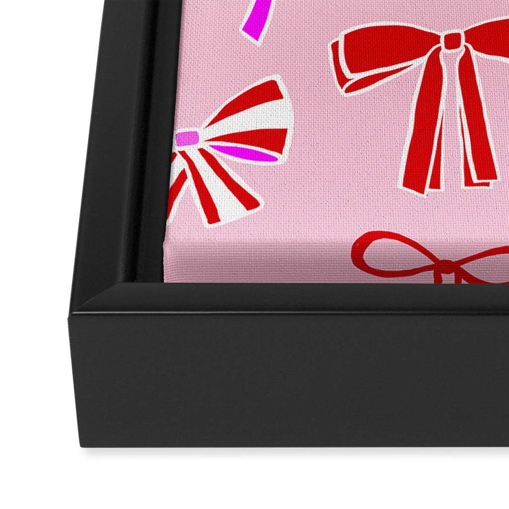 Festive Pink and Red Christmas Ribbons and Bows hand drawn Collection on Pastel Pink Framed Canvas Print Gallery Image 3