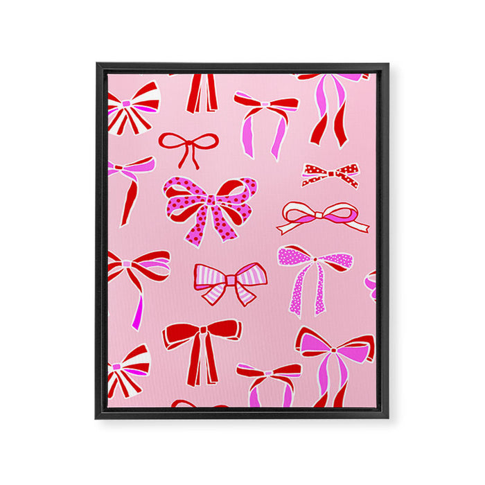 Festive Pink and Red Christmas Ribbons and Bows hand drawn Collection on Pastel Pink Framed Canvas Print Gallery Image 1