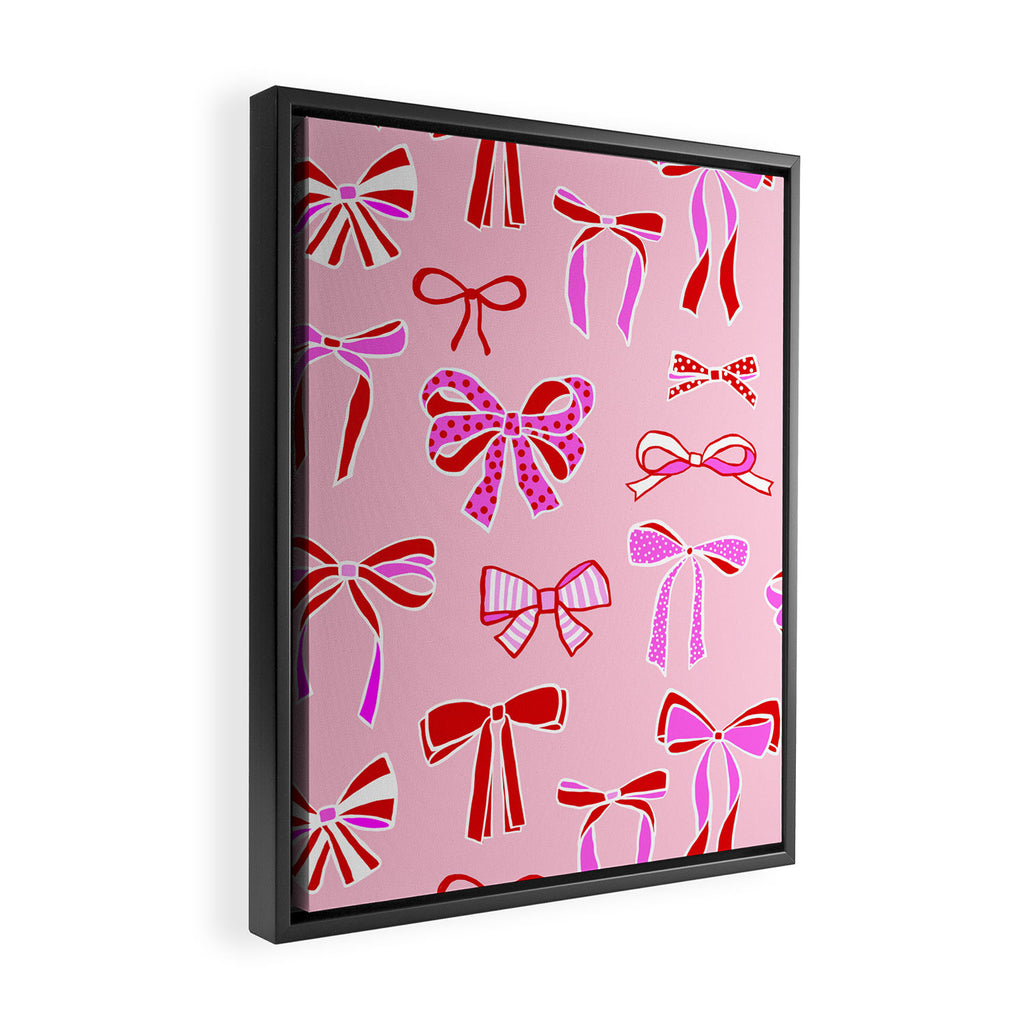 Festive Pink and Red Christmas Ribbons and Bows hand drawn Collection on Pastel Pink Framed Canvas Print Gallery Image 2
