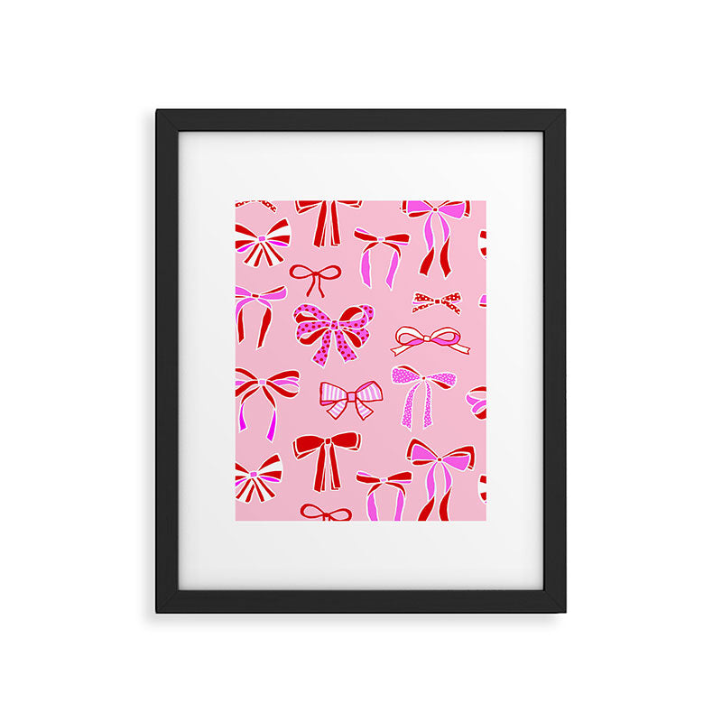 Festive Pink and Red Christmas Ribbons and Bows hand drawn Collection on Pastel Pink Framed Art Print Gallery Image 6