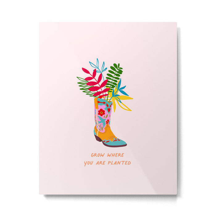 Grow where you are planted - Cowboy boot with Foliage Metal Print Gallery Image 1