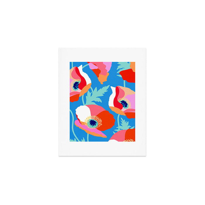 Happy Poppies 1. Red and pink on Azure BLUE Art Print Gallery Image 1