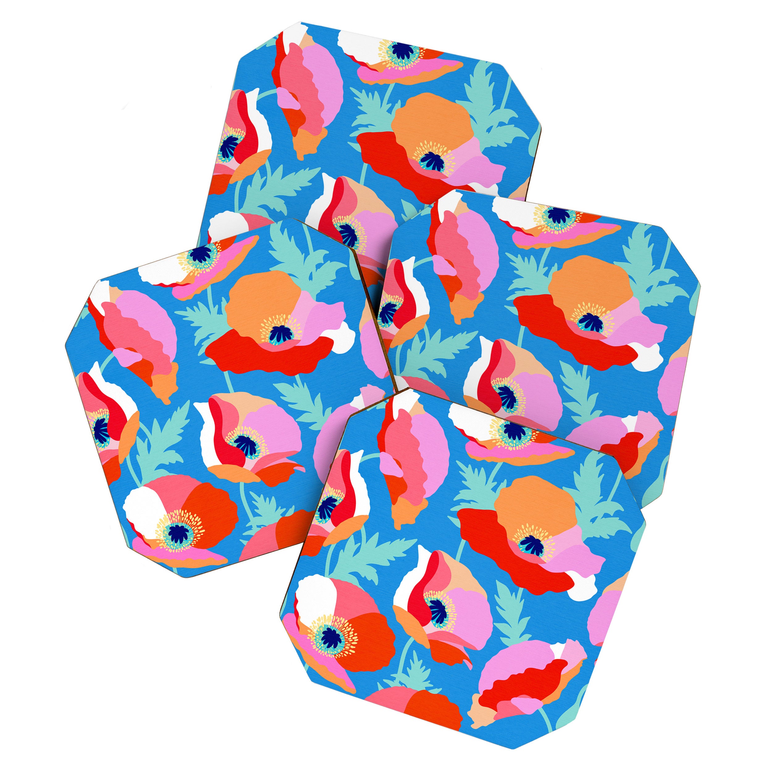 Happy Poppies 1. Red and pink on Azure BLUE Coaster Gallery Image 1