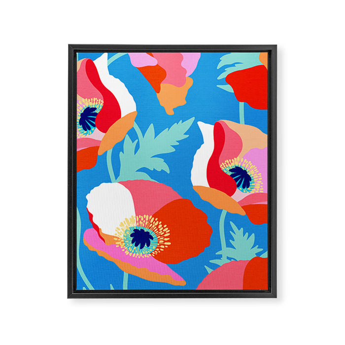 Happy Poppies 1. Red and pink on Azure BLUE Framed Canvas Print Gallery Image 1