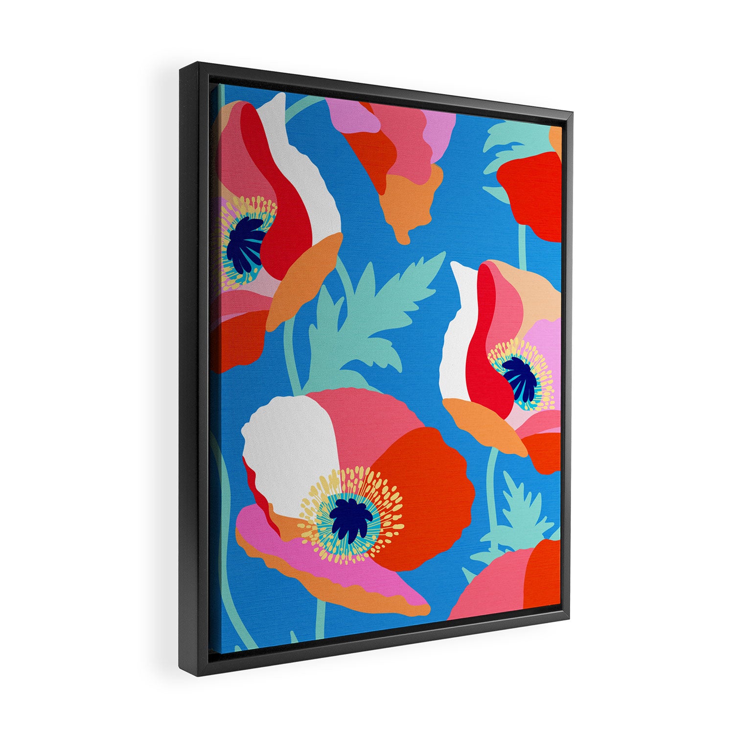 Happy Poppies 1. Red and pink on Azure BLUE Framed Canvas Print Gallery Image 2