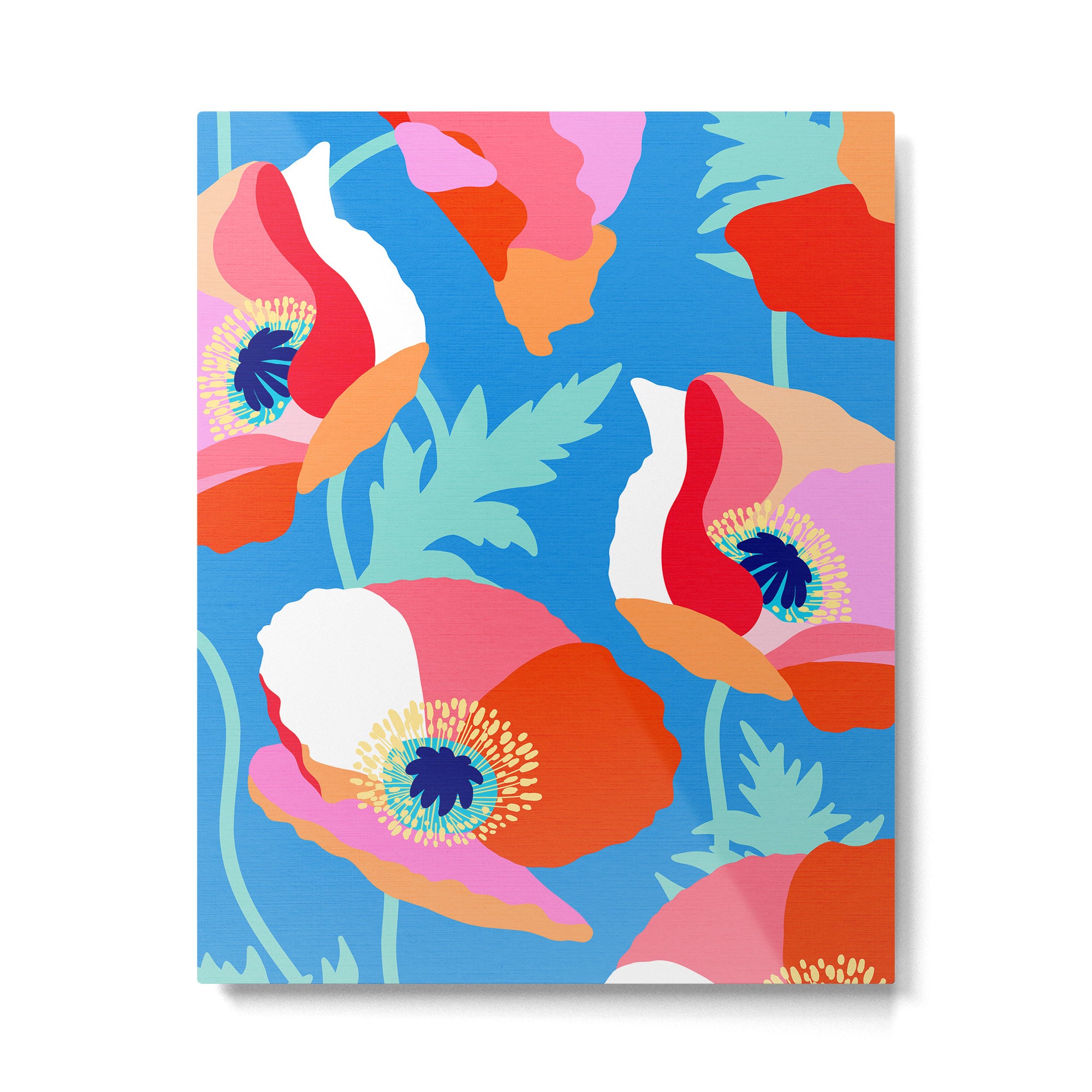 Happy Poppies 1. Red and pink on Azure BLUE Metal Print Gallery Image 6