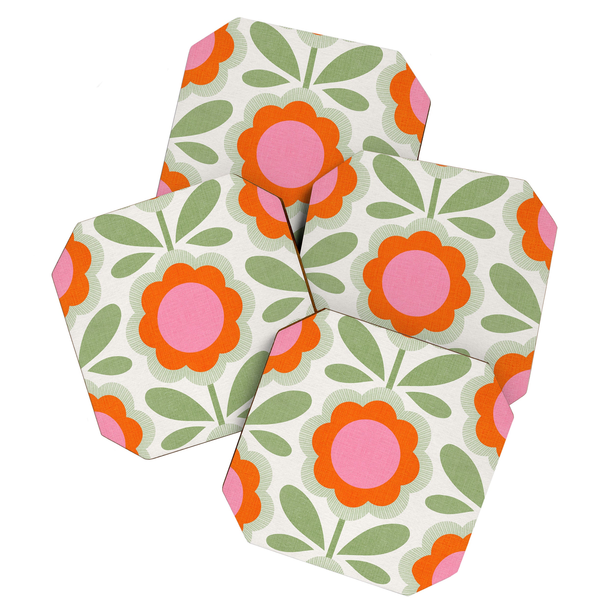 HELLO BOLD RETRO DAISY PATTERN 3. PINK AND GREEN Coaster Gallery Image 1