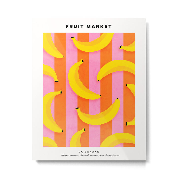 La Banane - Banana fruit market poster on aqua and pink and orange Metal Print Gallery Image 1