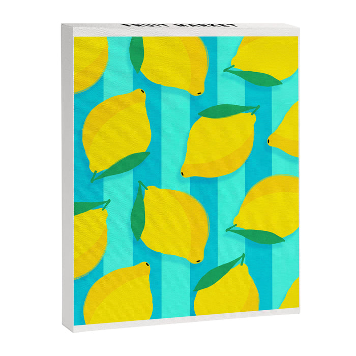 Le citron - lemon fruit market poster on aqua and turquoise stripes Canvas Print Gallery Image 1