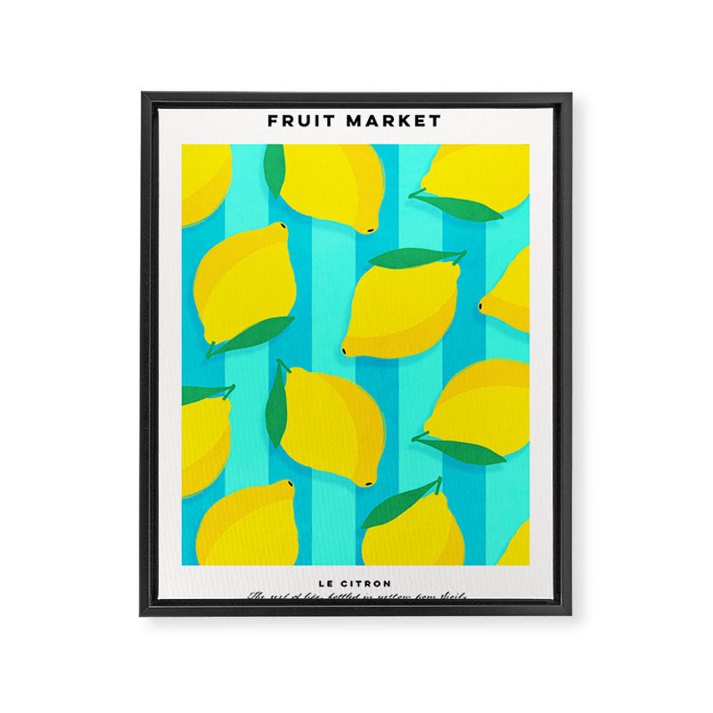 Le citron - lemon fruit market poster on aqua and turquoise stripes Framed Canvas Print Gallery Image 6