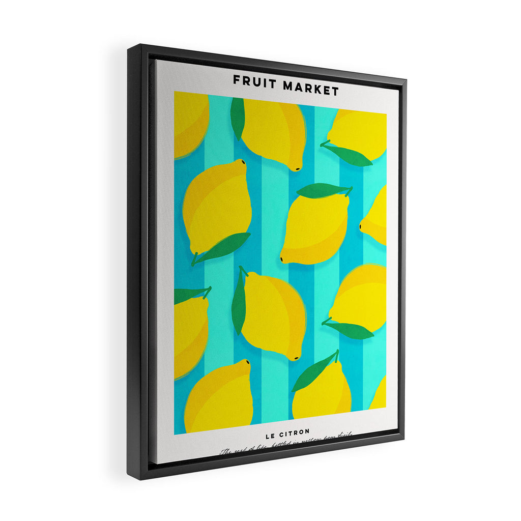 Le citron - lemon fruit market poster on aqua and turquoise stripes Framed Canvas Print Gallery Image 2
