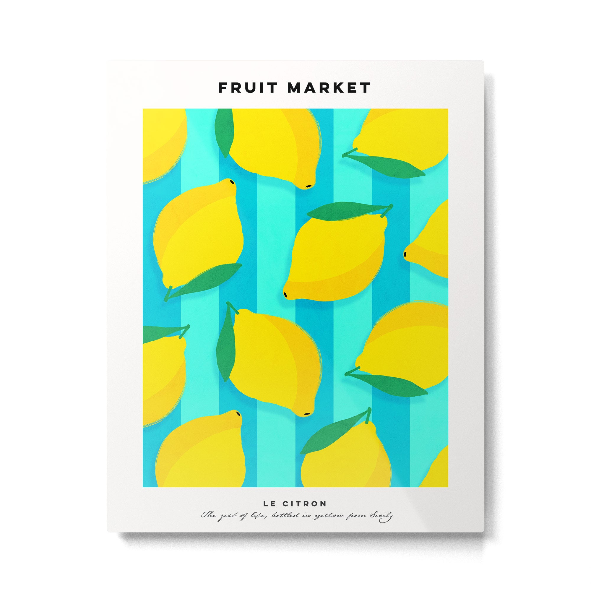 Le citron - lemon fruit market poster on aqua and turquoise stripes Metal Print Gallery Image 4