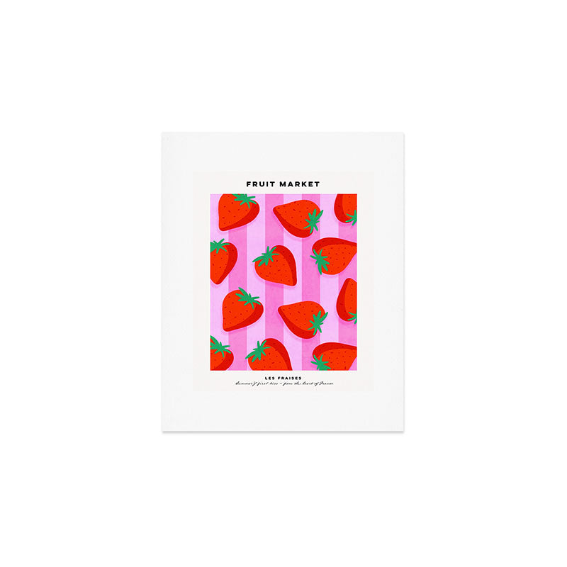 Les fraises - strawberry fruit market poster on pink stripes Art Print Gallery Image 1
