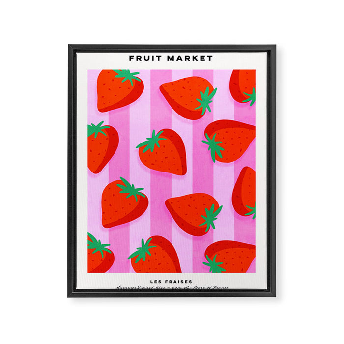Les fraises - strawberry fruit market poster on pink stripes Framed Canvas Print Gallery Image 1