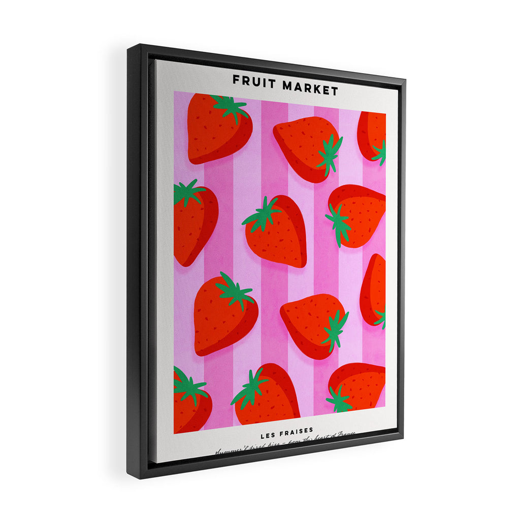 Les fraises - strawberry fruit market poster on pink stripes Framed Canvas Print Gallery Image 2