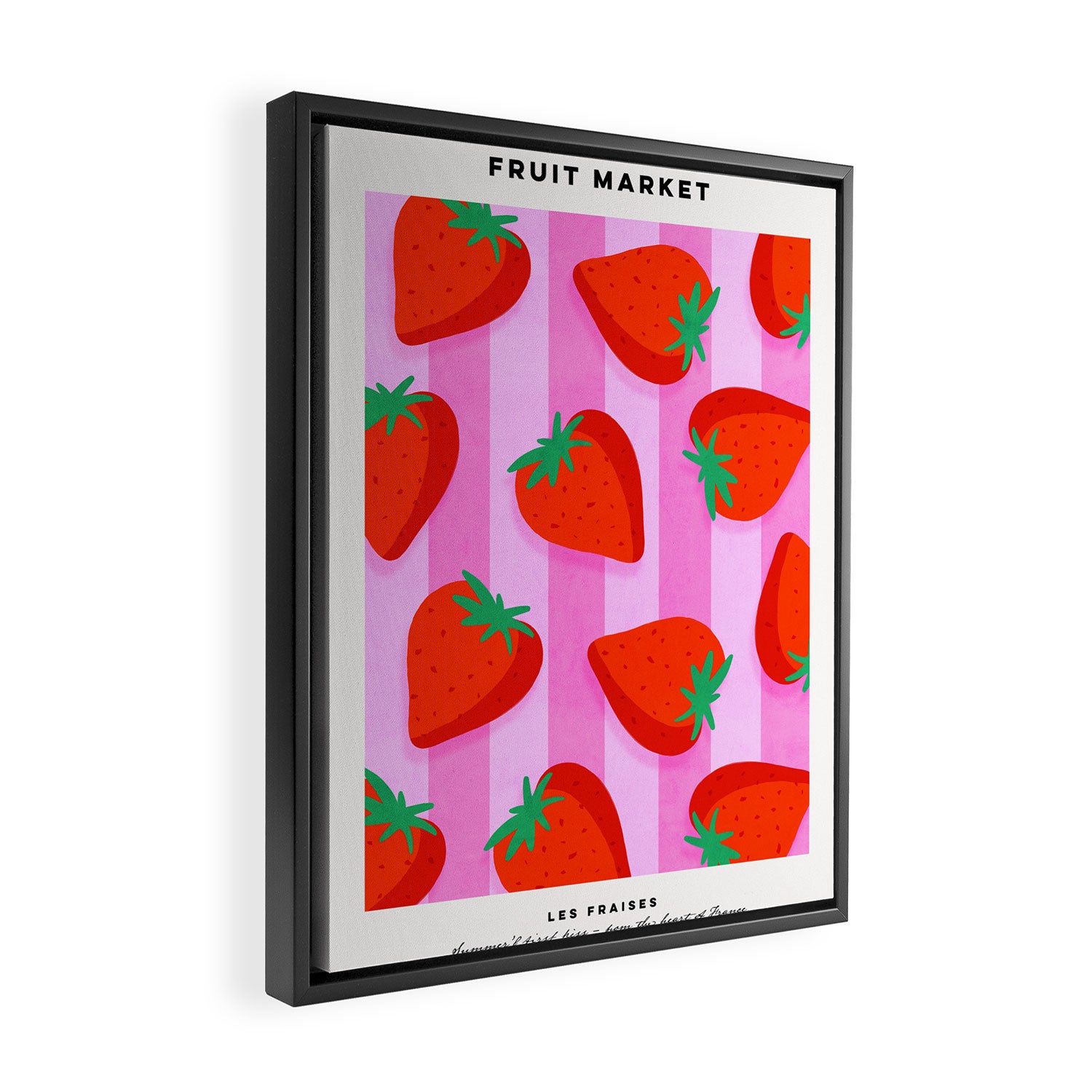Les fraises - strawberry fruit market poster on pink stripes Framed Canvas Print Gallery Image 2
