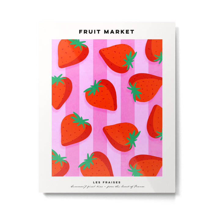 Les fraises - strawberry fruit market poster on pink stripes Metal Print Gallery Image 1
