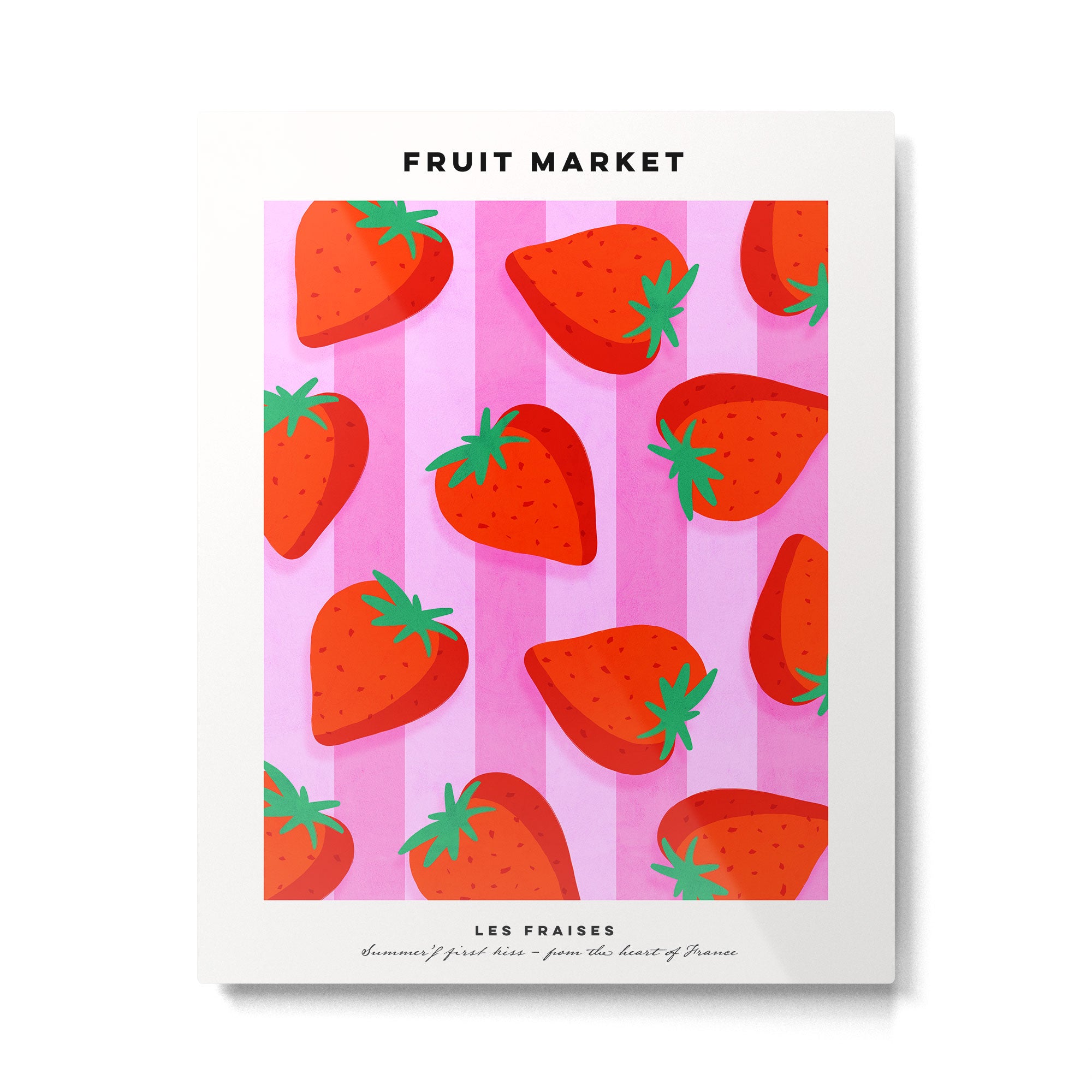 Les fraises - strawberry fruit market poster on pink stripes Metal Print Gallery Image 4
