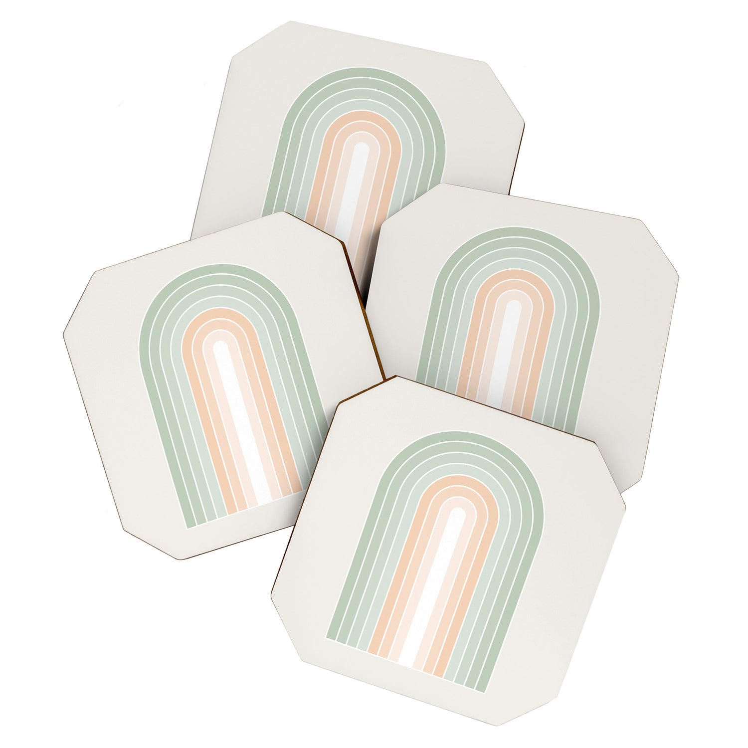 Minimal Abstract Retro Spring Rainbow - Pastel sage green and Peach fuzz Coaster Gallery Image 1