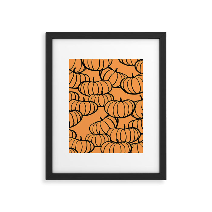 Minimal Retro Line-art Pumpkin Pattern - Black on Orange Framed Art Print Gallery Image 1