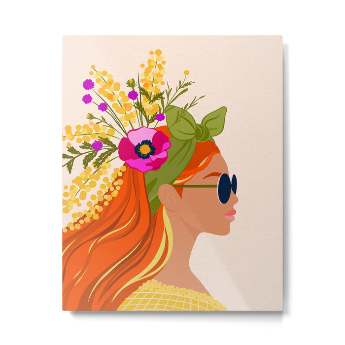 Power looks good on you bold womans portrait with flowers Metal Print Gallery Image 1