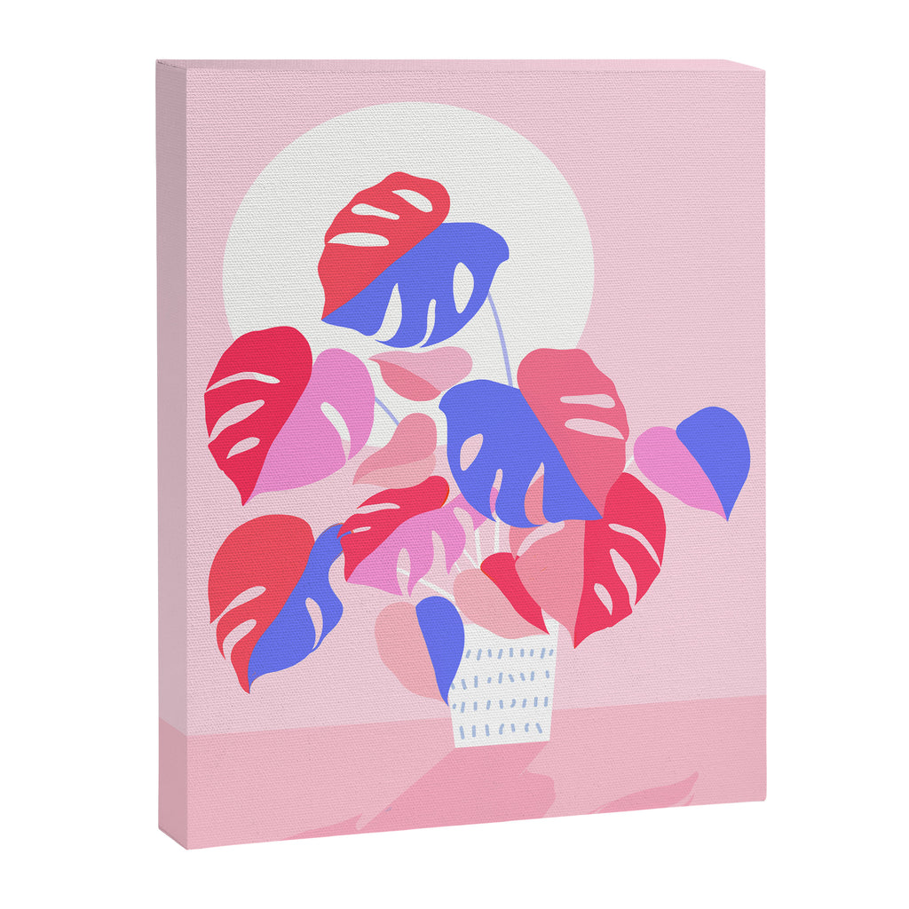 Pretty Monstera Plant in blue and pink Canvas Print Gallery Image 6