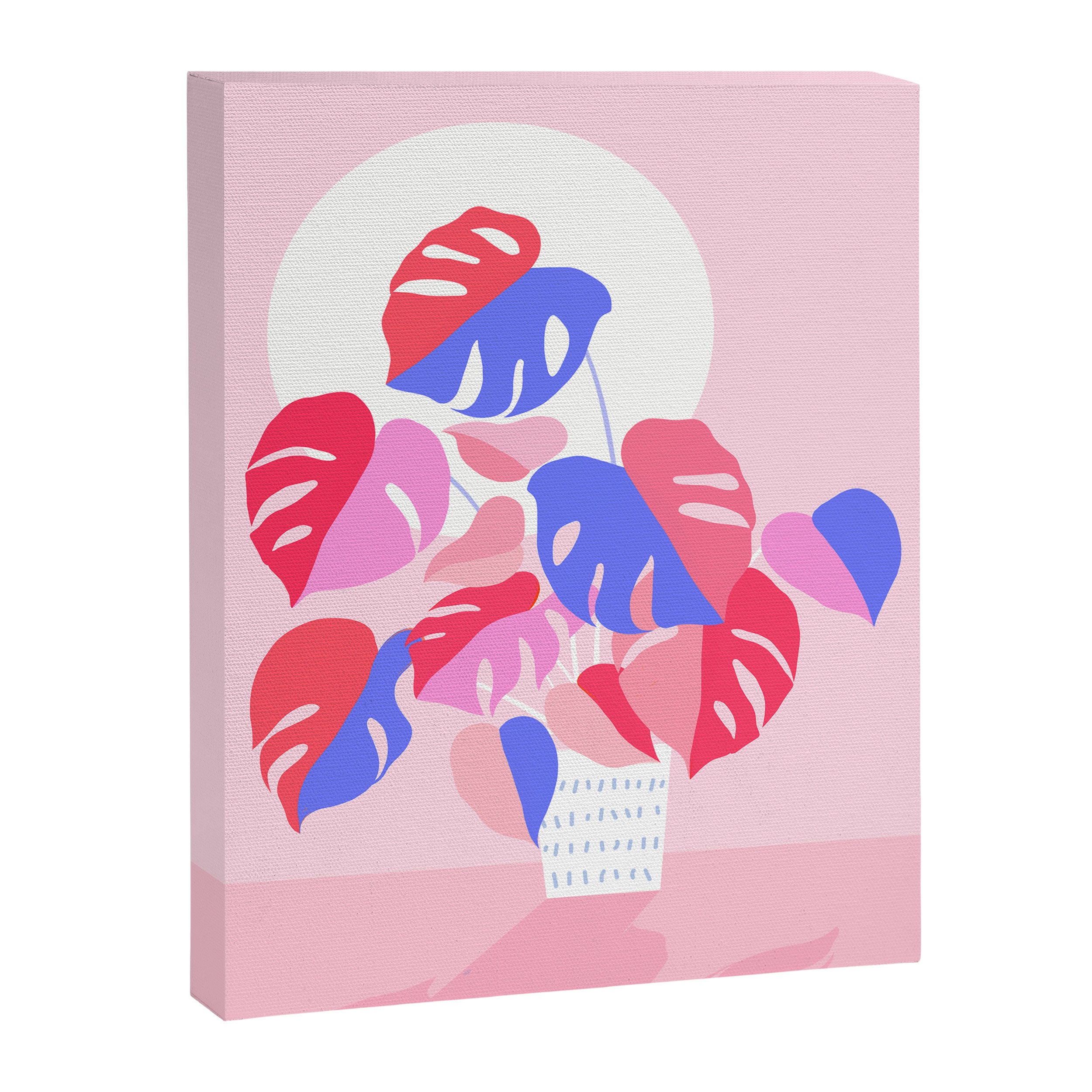 Pretty Monstera Plant in blue and pink Canvas Print Gallery Image 6