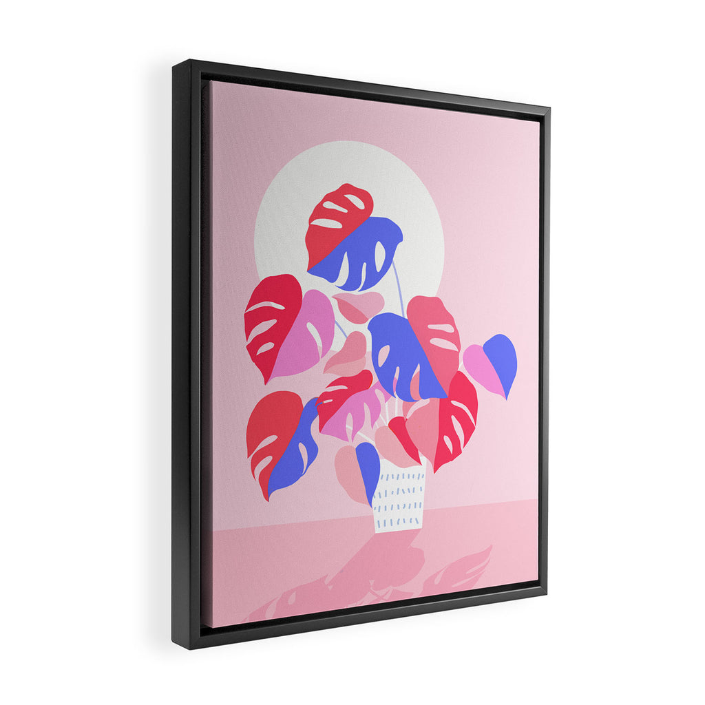 Pretty Monstera Plant in blue and pink Framed Canvas Print Gallery Image 2