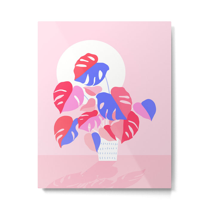 Pretty Monstera Plant in blue and pink Metal Print Gallery Image 1