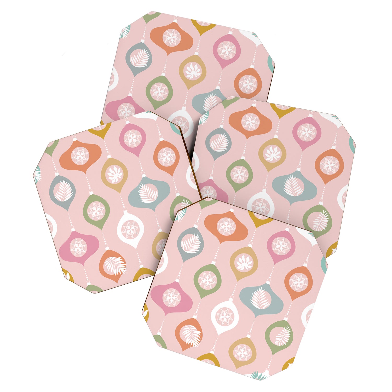 Retro Christmas Baubles Pattern on Pastel Pink Coaster Gallery Image 1