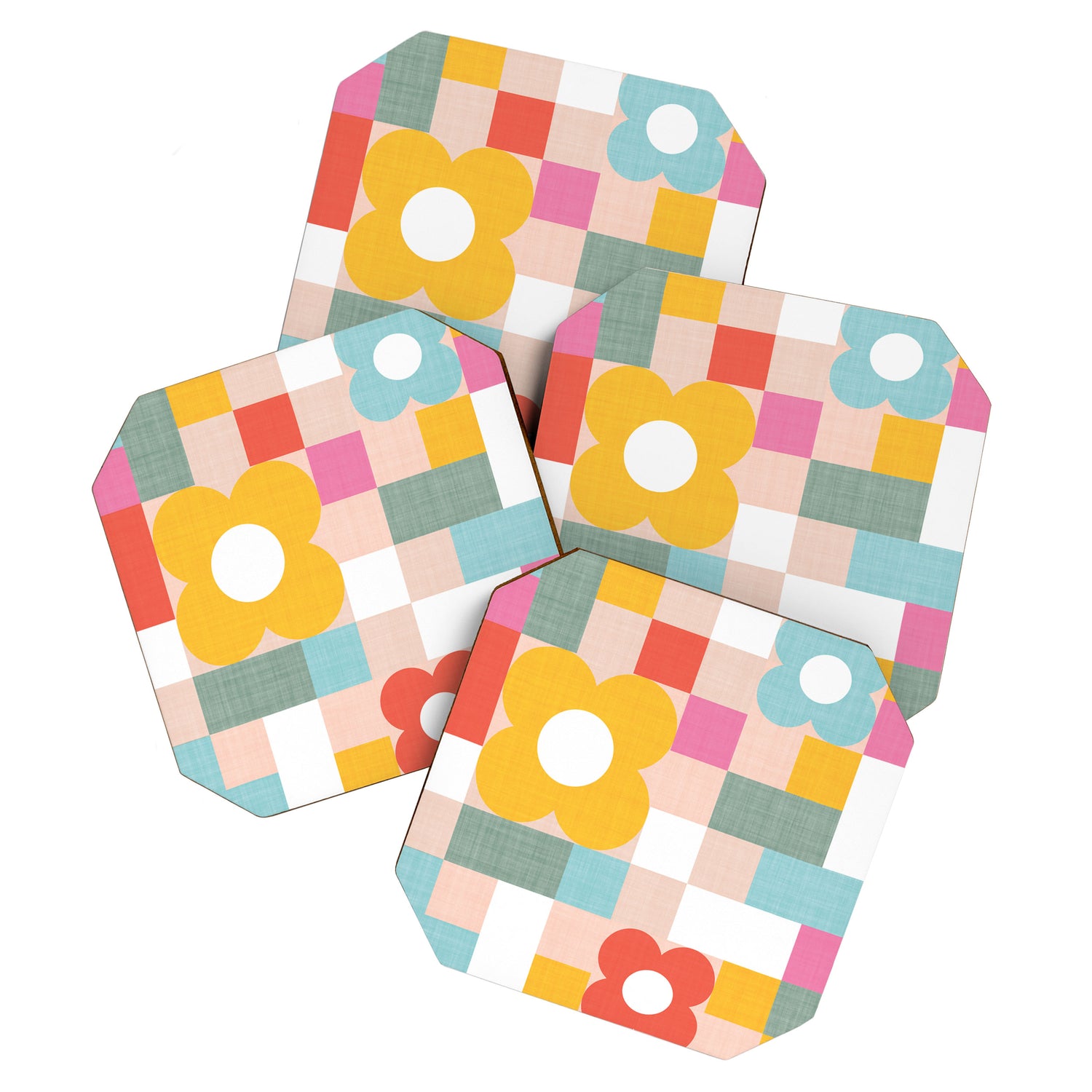 Retro Flowers on playful checks Coaster Gallery Image 1