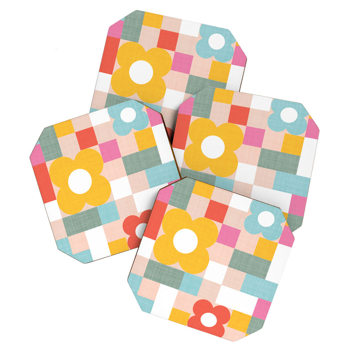 Retro Flowers on playful checks Coaster Gallery Image 1