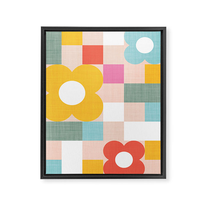 Retro Flowers on playful checks Framed Canvas Print Gallery Image 1