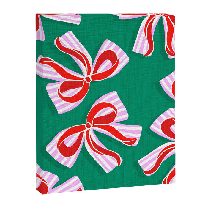 Retro Kitsch Christmas Ribbons on Stripy Bows - Red and Green Canvas Print Gallery Image 1