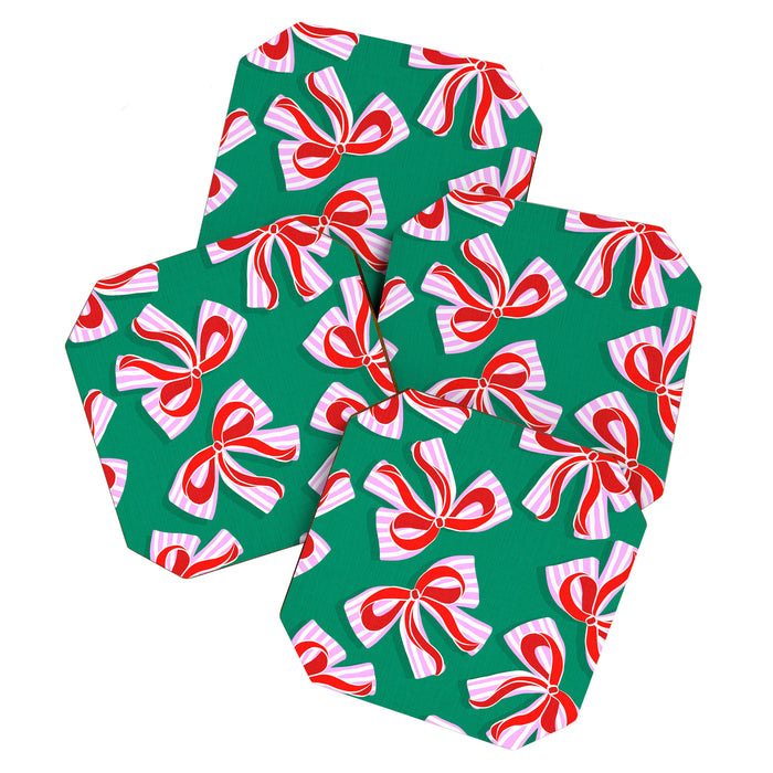 Retro Kitsch Christmas Ribbons on Stripy Bows - Red and Green Coaster Gallery Image 1