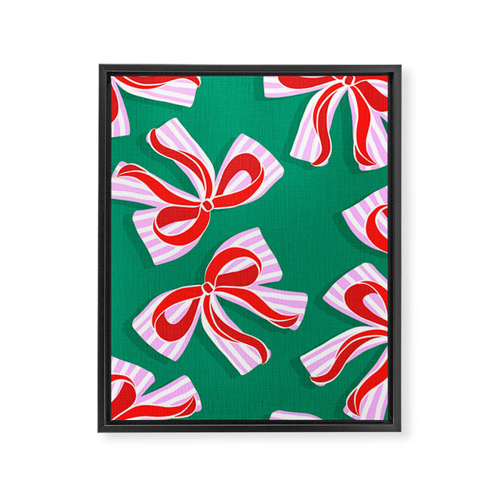 Retro Kitsch Christmas Ribbons on Stripy Bows - Red and Green Framed Canvas Print Gallery Image 1