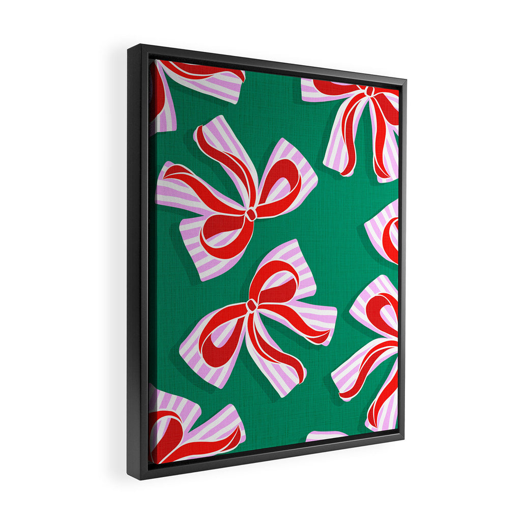 Retro Kitsch Christmas Ribbons on Stripy Bows - Red and Green Framed Canvas Print Gallery Image 2