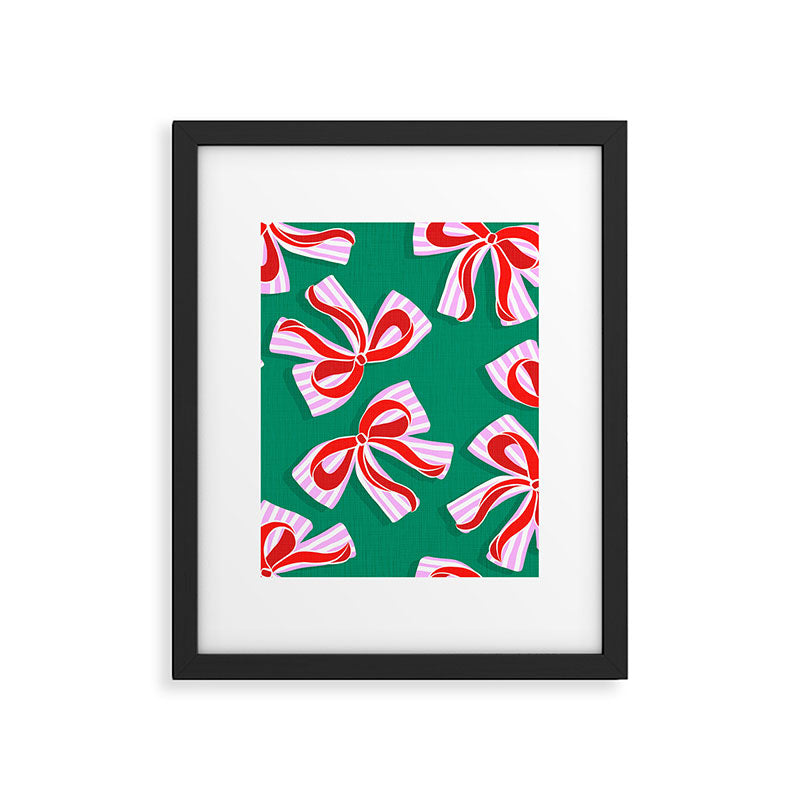 Retro Kitsch Christmas Ribbons on Stripy Bows - Red and Green Framed Art Print Gallery Image 6