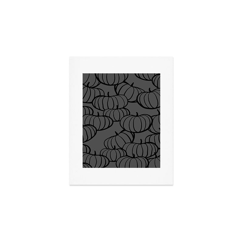 Retro Line-art Pumpkin Fall Pattern - black on grey Art Print Gallery Image 1