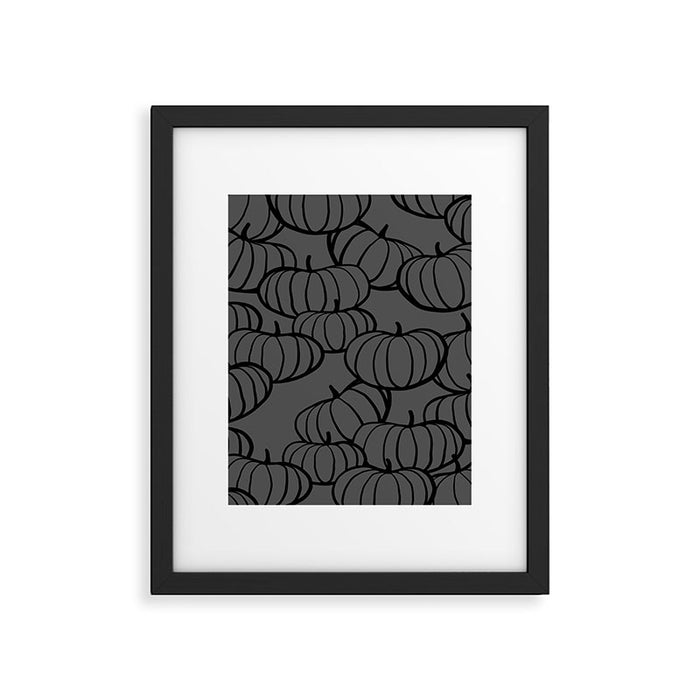 Retro Line-art Pumpkin Fall Pattern - black on grey Framed Art Print Gallery Image 1